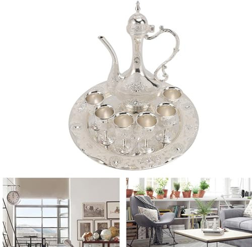 Tea Sets for Adults Vintage Turkish Coffee Pot Set with Pot Tray and 6 Cups Alloy Rustproof Colorless Elegant for Birthday Christmas Housewarming Wedding (Silver White)