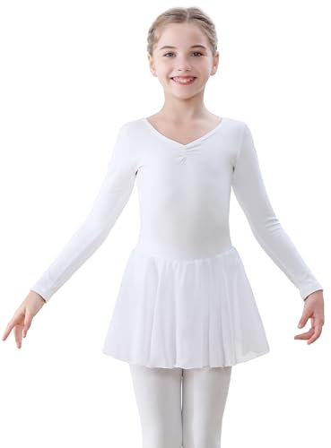 FONLAM Robe de Ballet Danse pour Fille Coton Justaucorps Danse Ballet Manche Longue Tutu Ballet Enfant (8-9 ans, Blanc)
