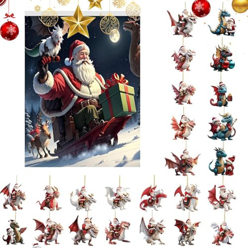 Adventskalender 2024 Dinosaurier, Weihnachtsbaum Dinosaurier Anhänger, 24-Tage-Weihnachts-Countdown-Kalender Für Drachen Figur, 2D Acryl Drachen-Hängeanhänger, Weihnachtsbaumschmuck