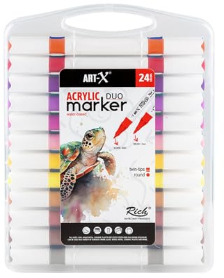 Rich ART-X Acrylic Duo Marker 24-teilig Doppelspitze Marker Set – Wasserbasierte Acrylmarker mit 1mm & 6mm Spitze, lebendige Farben, schnelltrocknend, vielseitig für Künstler und Hobbyisten