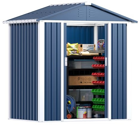 SUPEER Metall Gerätehaus 3 m² mit Satteldach,H185cm*L162cm*W120cm Geräteschuppen Garten Schuppen Gartenhaus（Blau）