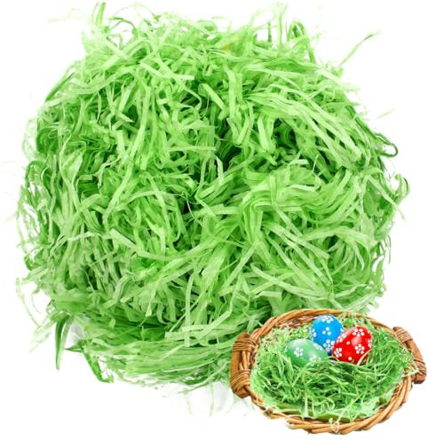 Bluelves 200g Erba Pasquale per cestini pasquali,Paglia per Bomboniere,Paglietta Colorata per Cesti,Rafia Verde Paglia Colorata per Decorazioni Pasqua,Uova di Pasqua, Nido di Pasqua-Verde 200g
