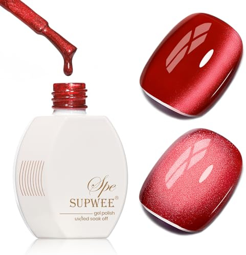 SUPWEE Cat Eye UV Gel Nagellack, Rot Glitzer Magnetisches Katzengel mit Magnet Holographisch Shimmer Cat Eye Gel für DIY Nail Art Maniküre Salon