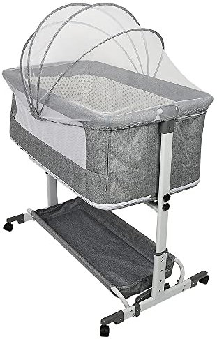 WODFARR Lit Cododo Bébé 2 en 1, Berceau Cododo avec Matelas et Moustiquaire, Berceau Bébé, Capacité de Charge 50KG, Réglage de la Hauteur (113 * 66 * 84cm, Gris)