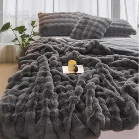 Fouriding Überwurfdecke aus Kaninchenfell, für den Winter, weich, warm, Kunstfelldecke für Bett, Sofa, legere Decke, Tagesdecke, Decke (grau, 160 x 200 cm)