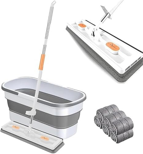 Aocase Mocio Piatto Grande e Secchio Scalabile Set, Mocio per Pulizia Rotante a 360° con Raschietto, Mocio Asciutto e Bagnato per la Pulizia di Pavimenti in Legno Duro, Piastrelle, Laminato,Bianca