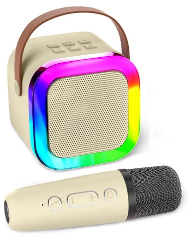 Aplsinvivi Mini Karaoke Machine Speaker for Kids, Toys for Girls Boys Friends Age 3-12+, Birthday Gifts Portable Bluetooth Speaker with Wireless Mics for 5 6 7 8 9 10 11 Years Teens Girl Boys, Beige