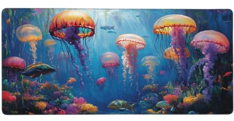 Color Mouse Mat XXL 800 x 400 x 3 mm, Jellyfish Gaming Mouse Pad with Stitched Edges Anti-Slip Base, Extended Keyboard Mat Improved Precision and Speed,Office Accessories Desk Decor,Gifts for Men-1392