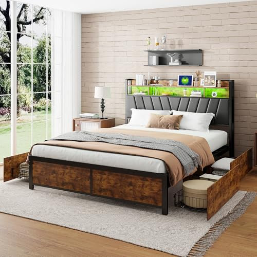 Callicarpa Metallbett 140x200 cm mit 2 Schubladen Stauraum, Polsterbettmit USB-Buchse & LED-Kopfteil, Doppelbett Bettgestell aus Metall mit Lattenrost, Vintage Braun Schwarz