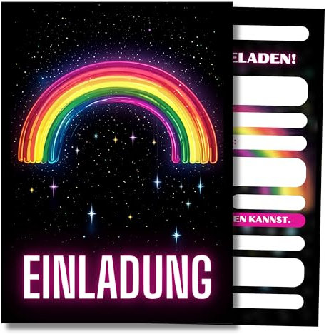 HIDEBLOOM Neon Regenbogen Einladungskarten Kindergeburtstag Mädchen und Junge I 12 Stück I DIN A6 (10,5 cm x 14,8 cm) I Kinderparty I Geburtstagseinladungen Kinder I Einladung Geburtstag Neon Rainbow