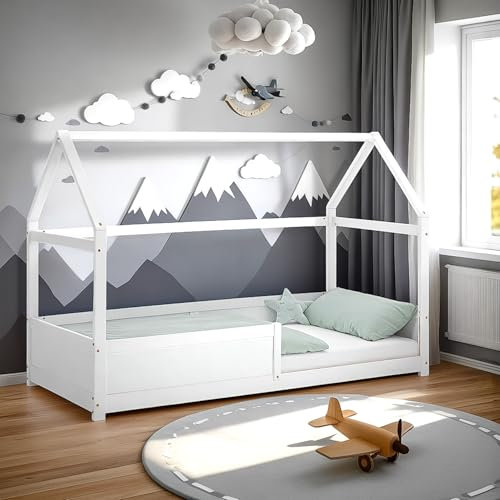 Homestyle4u Kinderbett Hausbett 90x200 mit Matratze Rausfallschutz & Lattenrost Montessori Bodenbett Weiß Kiefer Holz