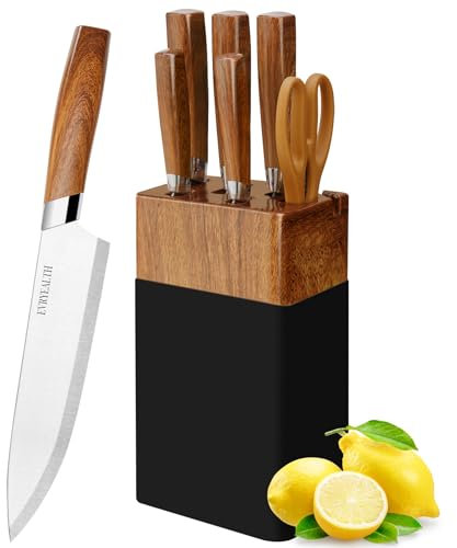 lapelux Kitchen Knife Set - 6 Piece Kitchen Knives with Knife Block, Wood Grain Handle, Sharp Stainless Steel Chef Knife, Bread Knife, paring Knife, Utility Knife and Scissors.