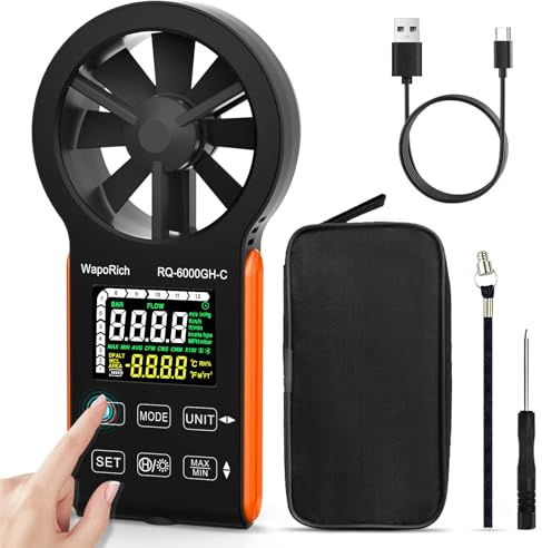 CFM Anemometer Windmesser mit Touchscreen, WapoRich Wiederaufladbares Luftstrommessgerät 0~999900 CFM/CMM/CMS, Temperatur, für HVAC, Lüftung, Outdoor RQ-6000GH-C