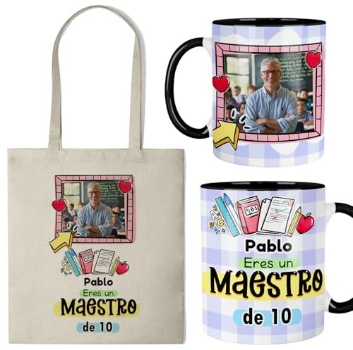 Kembilove® Regalo personalizado para maestro con foto – Taza y bolsa “Eres un maestro de 10” – Fin de curso con nombre y foto – Detalle original para profesores
