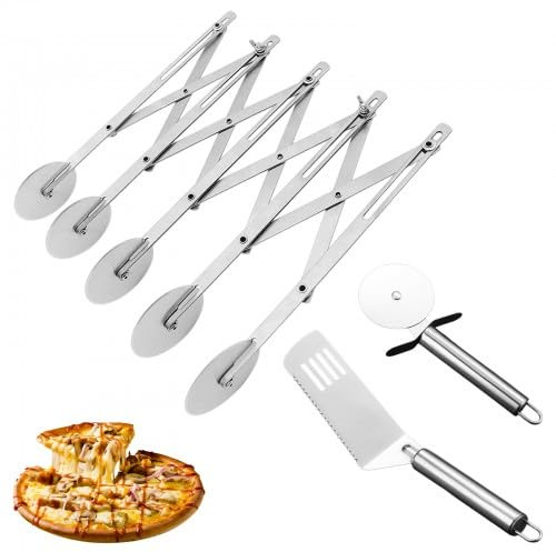 Cortador de Pizza de 5 Ruedas, Pala para Pizza + Cortador de Masa de una sola Rueda en Acero Inoxidable, Cortapizzas Ajustable para Hornear Pan, Galletas, Raviolis, Apto para Lavavajillas