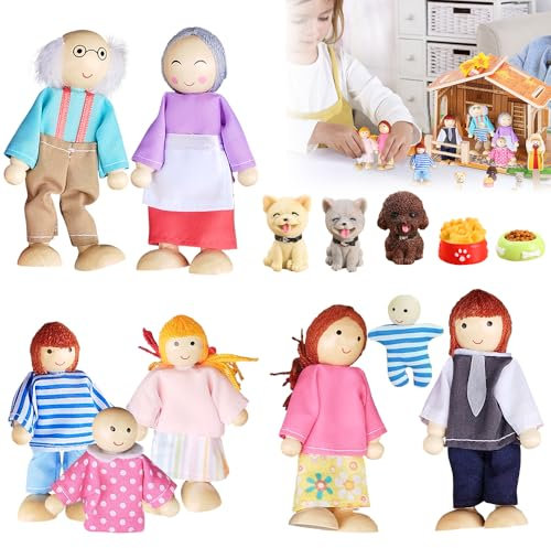 CJBIN Puppenhaus Puppen, 13 Stück Puppenhaus Figuren, Biegepuppen, Puppen für Puppen-Haus Familie mit Hund und Hundeschüssel, Hölzerne Puppenfamilie für Puppen-Haus Zubehör Geschenk