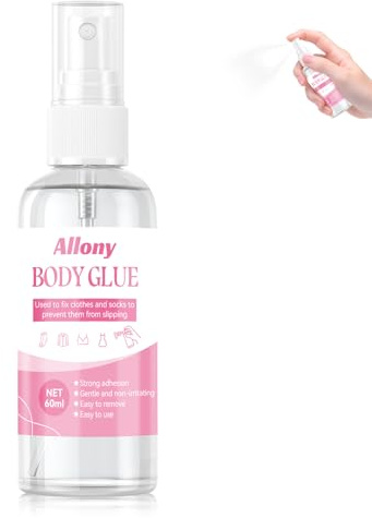 Allony Hautkleber für Kleidung, Fashion Glue, Klamotten Kleber auf Haut, für Kompressionsstrümpfe, Träger, Röcke und Tänzerkostüme, Transparent, Stark Haftend, Rutschfest, Hautfreundlich, 60ml