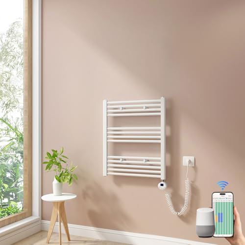 Heilmetz Smart WiFi Badheizkörper Elektrisch 70x60cm Elektrischer Handtuchtrockner mit Thermostat und Timer-Funktion Gerade Handtuchheizkörper Weiß 300W