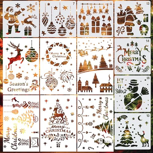 PYSEOSISE Weihnachten Schablonen, 14 Stück Weihnachtsschablonen, Wiederverwendbar Schablonen Weihnachten Kunststoff Stencil Schablonens zum Malen auf Holz Wänden Stoff