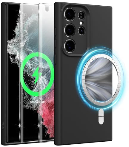 Xiltlly Funda Magnética Silicona Líquida para Samsung Galaxy S22 Ultra 5G 6,8 Pulgadas con 2 Piezas Cristal Templado, Compatible con MagSafe, Case Antishoc Anti-Rayures Carcasa, Noir