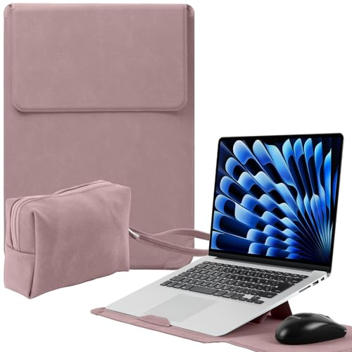 Niboow 13-14 Zoll Laptop Sleeve Laptophülle für MacBook Pro 14 13 M5/M4/M3/M2/M1 Pro/Max 2026-2008, MacBook Air 13 Zoll, Gefrostet PU Leder mit Standfunktion Laptoptasche für 13-14 Laptop - Rosa