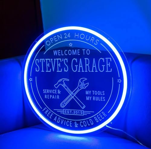 Targhetta da garage personalizzata al neon per decorazione da parete – Nome e data individuali – Targa LED per bar di casa, officina auto, garage – Decorazione e idea regalo per uomini