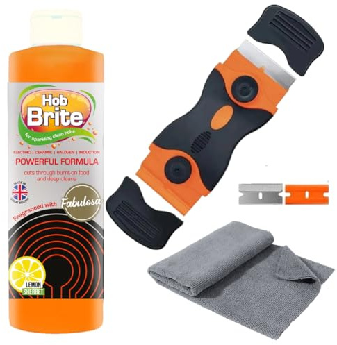 Primeora Hob Cleaning Set | Hob Brite Ceramic & Induction Hob Cleaner 300ml | Double-Sided Non-Scratch Hob Scraper Tool + 2 Spare Refills | For Ceramic, Glass & Induction Hobs | Powerful Cooktop Clean