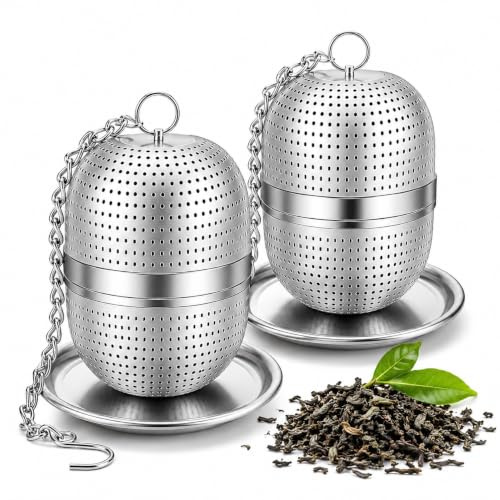 Tea Infuser for Loose Tea, 2 Pack 304 Stainless Steel Tea Ball Strainers with Drip Trays, Reusable Loose Leaf Tea Strainer Mesh Filter with Extended Chain for Herbal & Flower Tea
