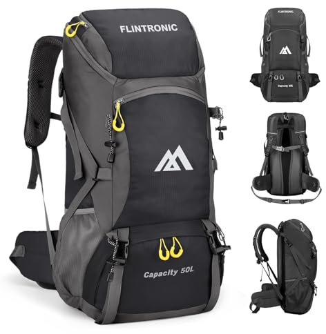 flintronic Wanderrucksack Herren Damen 50L, Outdoor Rucksack Trekkingrucksack, Leichter Wasserdichter Campingrucksack für Reisen Sport, Wandern, Bergsteigen, Camping, Schwarz
