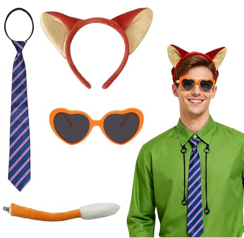 RAOPNHS Karneval Kostüm Herren Set – Faschingskostüme Männer mit Krawatte, Brille, Schwanz & Handschuhe, Witzige Fuchs Ohren Stirnband – Tier Verkleidung & Fuchs Kostüm Accessoires für Party