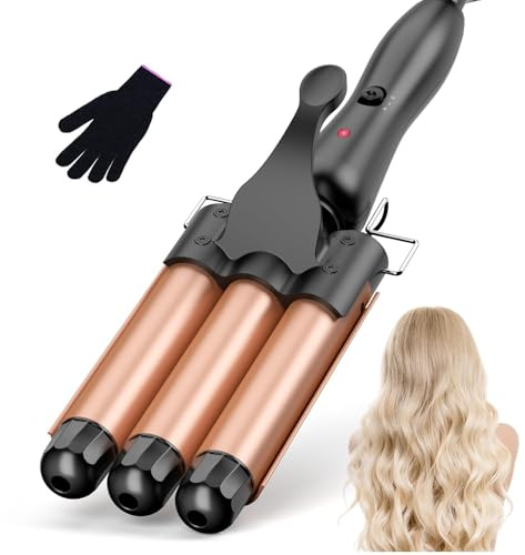 25mm Hair Waver, 3 Barrel Beach Wavers Curling Iron, Small Ceramic Curling Wand, 2 Temperature Settings (150-210°C) Fast Heating with Heat Resistant Glove, Rose Gold