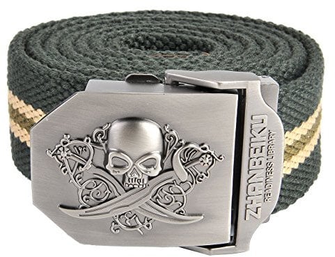 FALETO Herren Militär Gürtel Stoffgürtel mit Schädel Totenkopf Schnalle Leinwand Canvas Jeansgürtel Belts 140cm + Original Geschenkbox (Militär Grün Streifen)