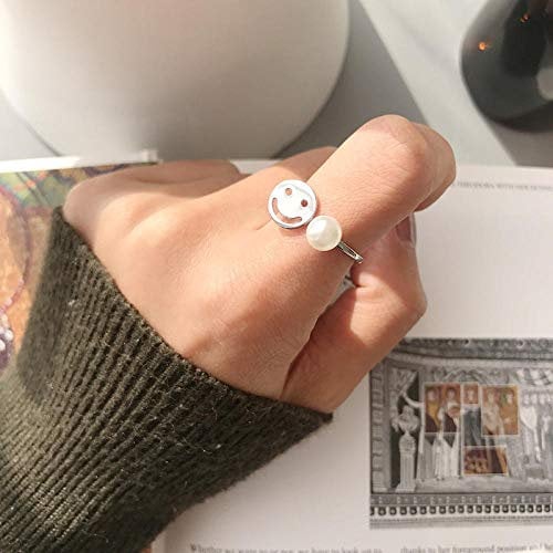 TAOYUN Sterling Silber 925 Frauen Ring Mödchen Party Weihnachten Deko Hypoallergen Poliert Perle Smiley Persönlichkeit Öffnung Einstellbar Mode Dekorativen Schmuck