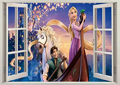HUJL Wandtattoo Prinzessin Rapunzel Schlafzimmer 3D Fenster Wandaufkleber Poster Vinyl Aufkleber