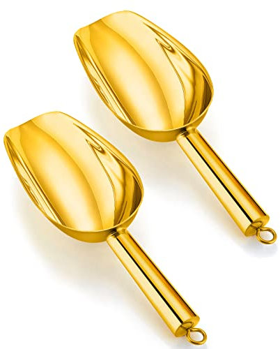 Eisschaufel 2er-Set, HaWare Edelstahl Kleiner Abwiegeschaufel Mehlschaufel Futterschaufel Sackschaufel Abfüllschaufel für Küche, Bar, Buffet, Party, Vielseitig & Spülmaschinenfest - Gold