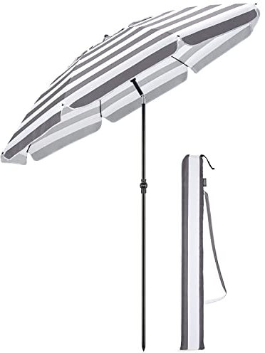 CHRISTOW Beach Umbrella Portable Tilting Parasol Sun Shade with UV Protection and Bag 2m (Grey and White Striped)