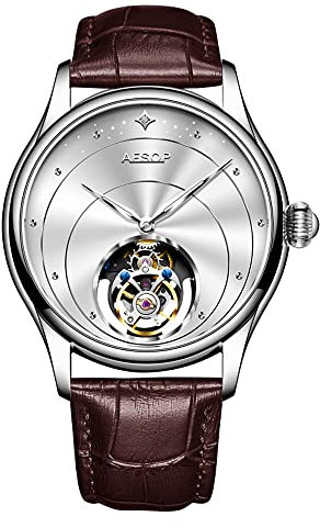 Aesop Tourbillon Herrenuhren Mechanische Handaufzug Armbanduhren Skelett Edelstahl Analog Saphirglas 30M Wasserdicht Klassisches Kleid Luxus Elegant Business Uhr 7048(Weiß/Leder)