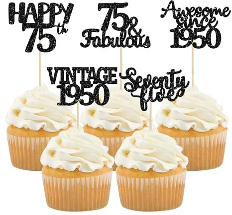 Gyufise 30 Pack Gold Glitter 75th Birthday Cupcake Toppers Vintage 1950 Cake Toppers Hello 75 Cake Topper Sixty Five 75 & Fabulous Cupcake Picks 75th Birthday Cake Decorations Supplies