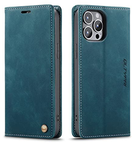 QLTYPRI Case for iPhone 14 Pro Max, Vintage PU Leather Wallet Case Card Slot Kickstand Magnetic Closure Shockproof Flip Folio Book Case Cover for iPhone 14 Pro Max - Blue
