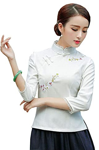 YLfly Chemise chinoise à col mandarin Qipao Hauts Chemisier traditionnel pour femme, blanc, 38