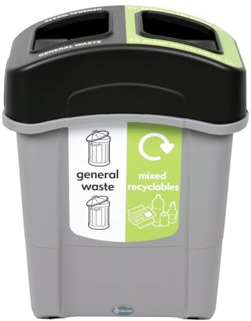 Glasdon Eco Nexus Duo 60L General Waste Mixed Recycling Bin 50/50 Split Lid | Indoor Recycling Container, 60 Litre Slim Office Recycling Bin, integral sack retention system, 5 year Manufacturer Warranty
