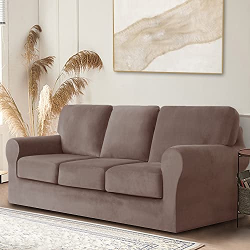 jianyana High Stretch Sofabezug, 1/2/3 sitzerSamt Elastisch Sofa Überwürfe Sofabezug mit Gummizug Einstellband (Taupe,3-Sitzer-7PCS)