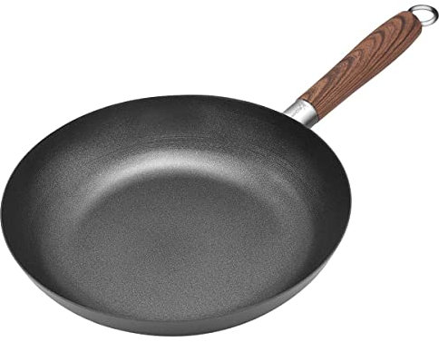 Sartén Antiadherente de Acero al Carbono con Mango de Madera, Sartenes de Acero al Carbono Fundido para Saltear, Apta para Todo Tipo de cocinas, incluida inducción y Puede lavavajillas (Ø 28 cm)