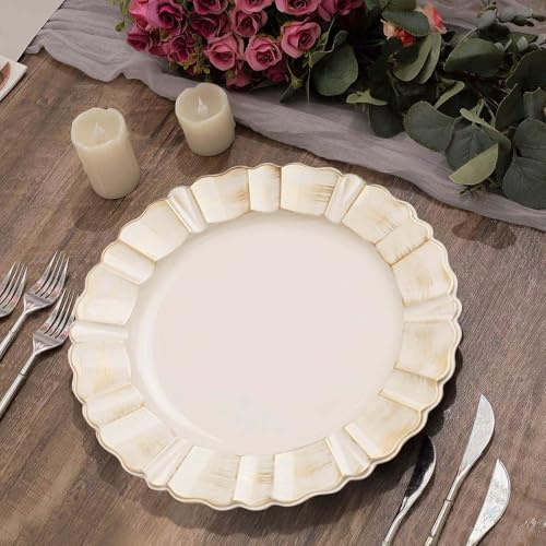 Efavormart 6-Pack Beige Gold Brushed Scalloped Charger Plates - 13 Round Plastic Underplates for Champagne Themed Weddings and Glamorous Anniversaries