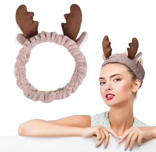 Make Up Haarband, Damen Kosmetisches Abschminken Stirnband Gesicht Waschen Haarband Geweihe Deko Aesthetic Braun Elastische Korallen Fleece Haarbänder für Waschen Gesicht Spa Yoga Sport Beauty
