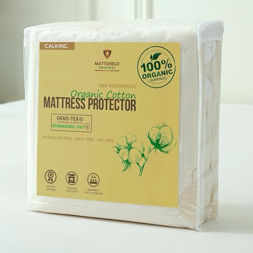 Waterproof Organic Mattress Protector Cal King Size – Premium Soft Organic Cotton Surface Mattress Cover – Noiseless & Breathable 250 GSM Mattress Pad – Deep Pocket Fitted Design