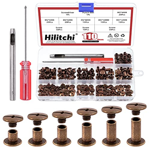 Hilitchi 110 Sets rote Kupfer-Chicago-Schrauben, Knöpfe, Flachkopfschrauben, Ledernieten, Karbonstahl, runde Bindungsschrauben, Nieten, Nagelnieten, Ledernieten mit Montagewerkzeug (M5 x