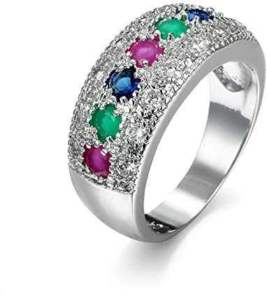 Bishilin Frauen Ringe Versilbert, Verlobungsringe Breit mit Rot Grün Blau Zirkonia Bandring Silber Ringe Damen Modeschmuck Ringgröße 62 (19.7)