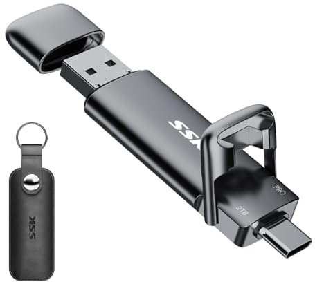 SSK USB C Externe SSD 2TB, mit bis zu 1000MB/s, Extreme Schneller Solid State Drive, Dual-USB Typ C + USB A USB3.2 Gen2 Datenspeicher für Android-Telefon, Laptop, Tablet, Mac