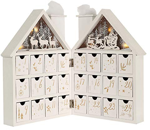 PE Weihnachten Adventskalender Haus Holz zum Befüllen mit LEDs und 24 Schubladen - Winterwald Szene mit Rentier- Handgefertigter Weihnachtsdekoration (Weiß)
